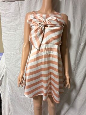 i.n. girl Rose Gold & White Striped Satin Bow Front Mini Party Dress Sz 16 / XS